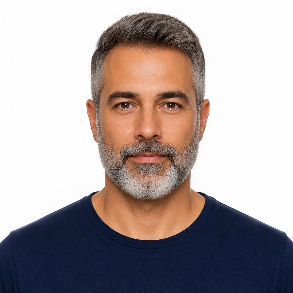 Cabelo e barba grisalhos antes e escurecidos depois — antes