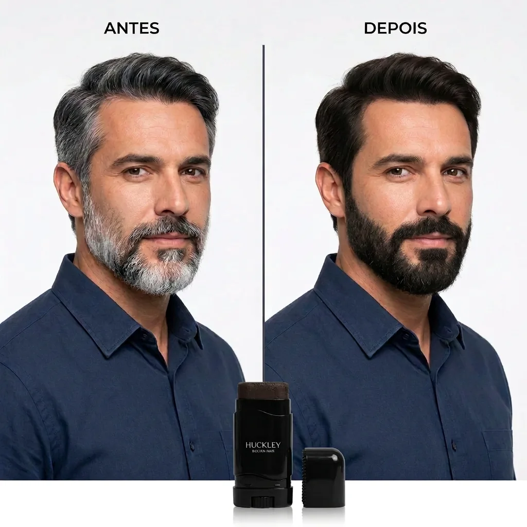 Antes e depois: cabelo e barba grisalhos cobertos pelo Bastão Hair