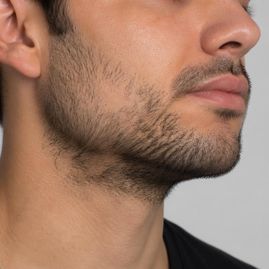 Barba com falhas antes e contorno preenchido depois — antes