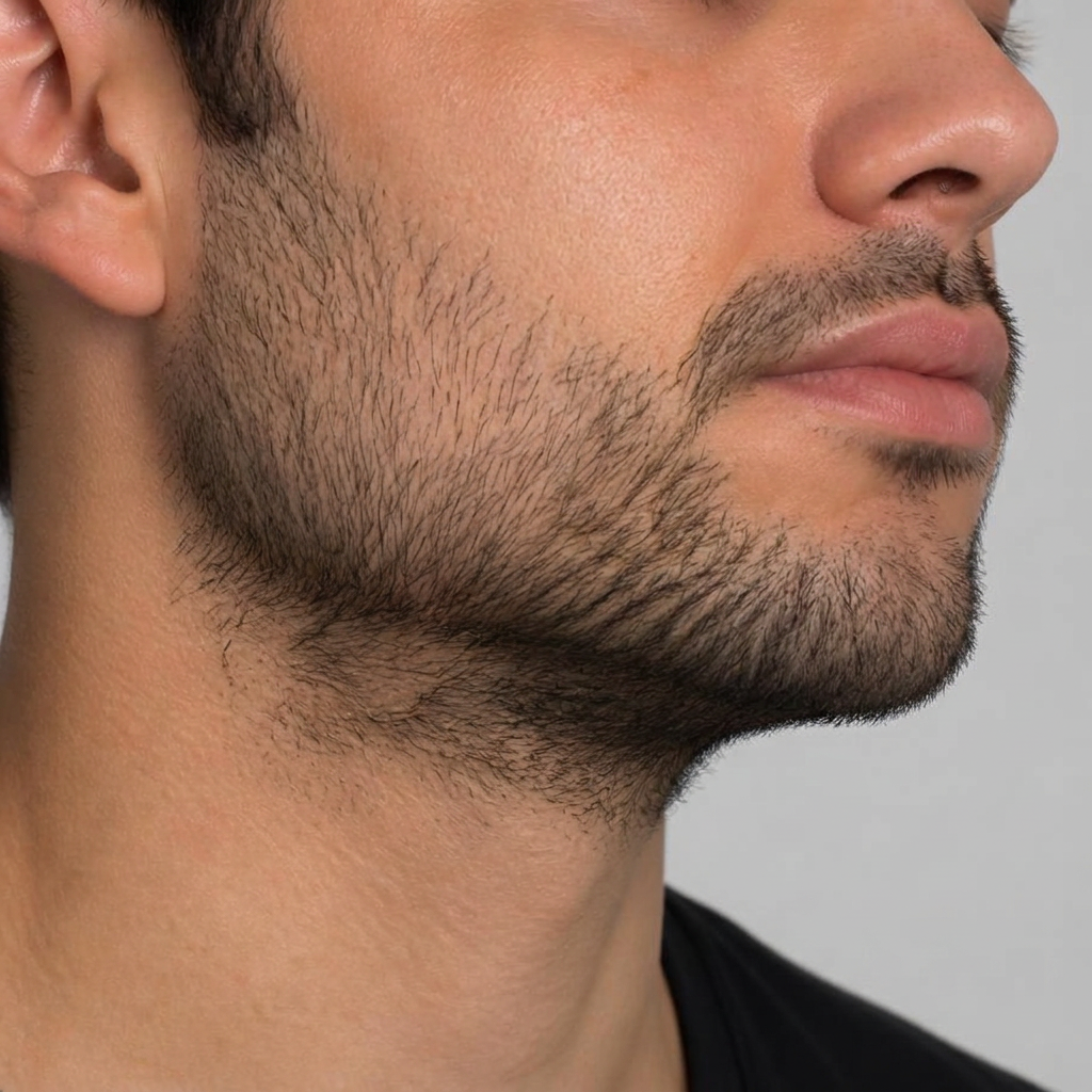 Barba com falhas antes e contorno preenchido depois — depois