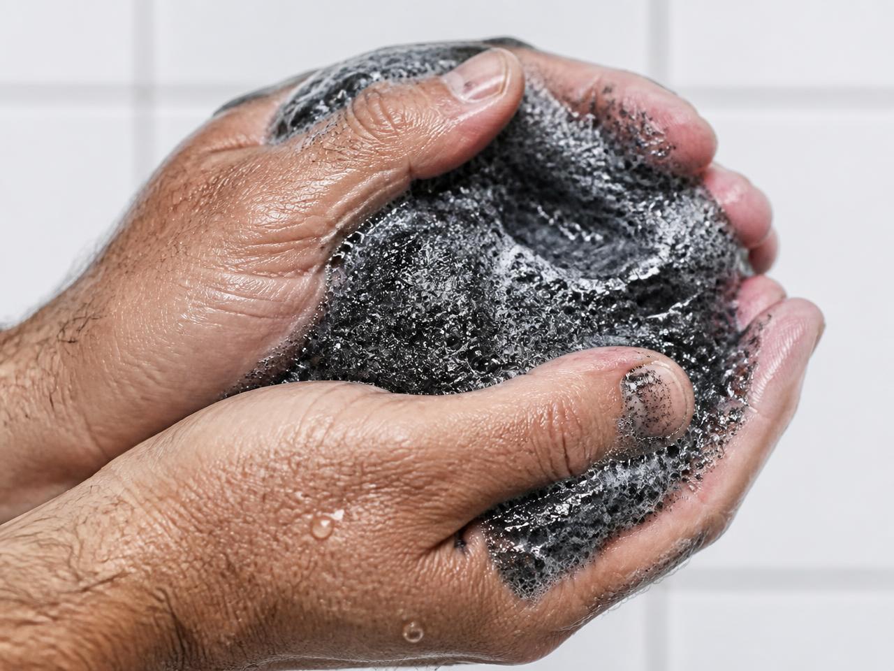 Espuma escura de shampoo em barra com carvão nas mãos