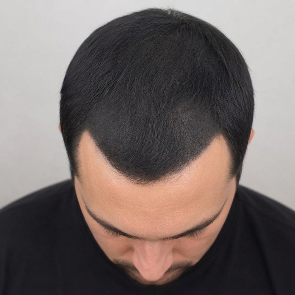 Mesmo homem com o couro aparecendo antes e com a área coberta pelo pigmento depois — depois
